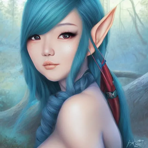 Prompt: beautiful young Asian elf woman with elf ears and blue hair in a hazy forest at dusk, artwork by Artgerm