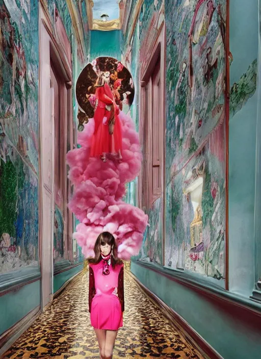 Image similar to a beautiful girl in a gucci outfit is manifesting a new city, mini magic city, hidden doors with secret surprises, magical details, high detail, 8 k, perfect faces, photographed by maurizio cattelan and pierpaolo ferrari, and petra collins