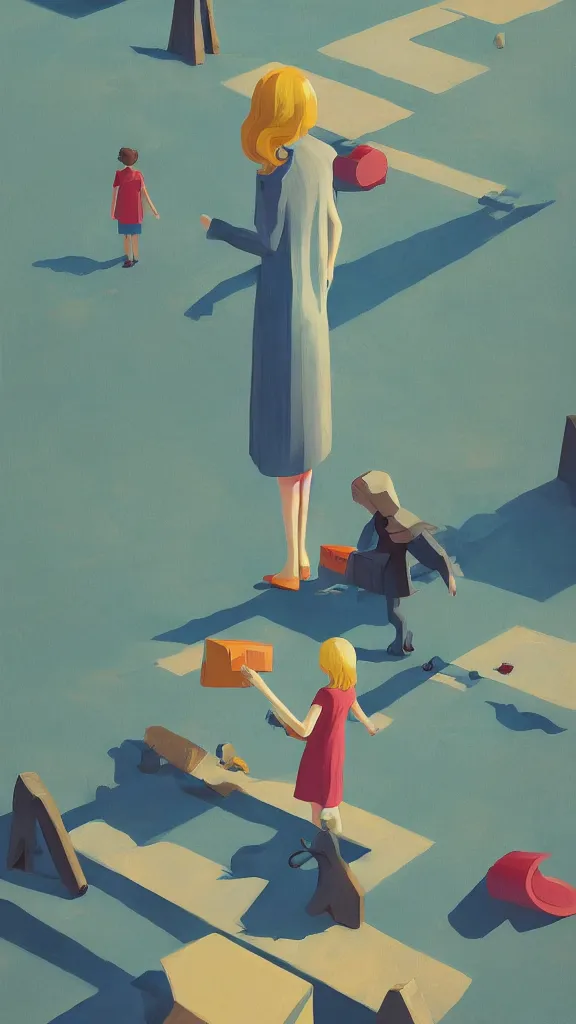 Image similar to tall blonde girl alone in playground, fun whimsical surreal illustration, by atey ghailan and escher and edward hopper,