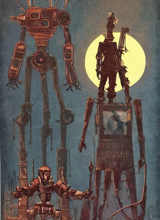 Image similar to a hunter from bloodborne vs retrofuturism robot in yharnam, style by retrofuturism, faded red and yelow, by malcolm smith, old comics in city, nicholas roerich