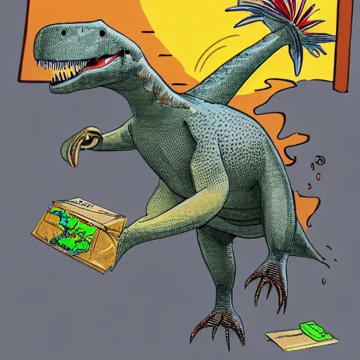 Image similar to Fisheve view of dinosaur stealing packages