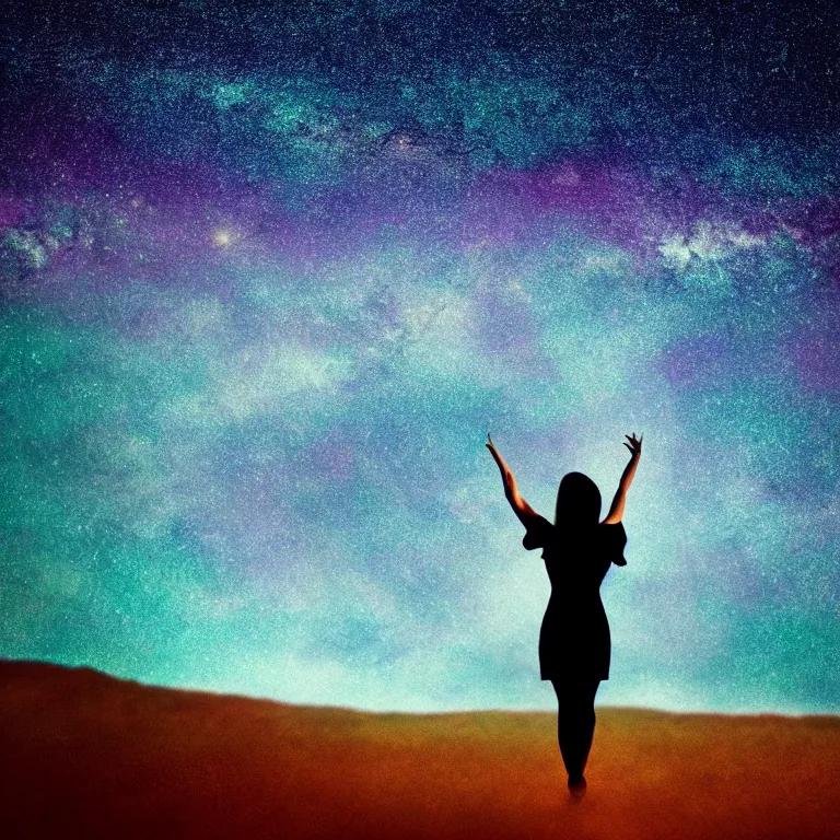 Image similar to a beautiful landscape of a starry sky with an beautiful woman waving to the horizon, cinematic, dramatic, color grading, photojournalism, colorful, highly detailed