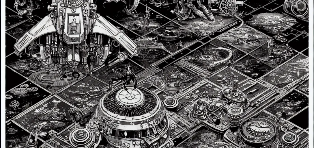 Image similar to steampunk mech tiled floor, one point perspective, high details, line art, by vincent di fate and joe fenton, inking, screen print, masterpiece, trending on artstation, sharp,, hyper - detailed, hd, 4 k, 8 k