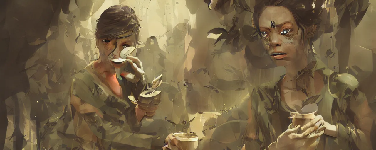 Image similar to duotone olive illustration 3 / 4 portrait of gollum drinking cup of coffee symetrical composition accidental renaissance golden ratio. by sachin teng and sergey kolesov and ruan jia and heng z. graffiti art, scifi, fantasy, hyper detailed. octane render. concept art. trending on artstation