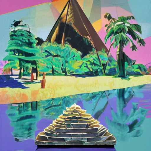 Image similar to otherworldly vivid futuristic pool pyramid penguin sack cedar tree teak tree, by tom thomson and ghibli studios and andy warhol, mixed media, speedpainting, an art deco