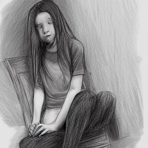 Image similar to teenage emo girl sitting on a bed, pencil doodle, digital art