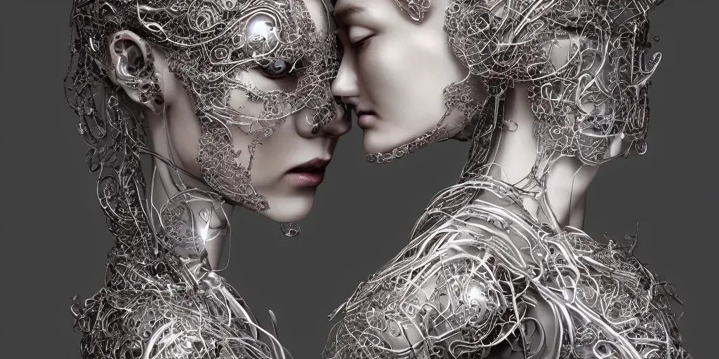 Image similar to realistic still life photography of a beautiful cyborg androgynous humanoid, holding close, affectionately, intricate filigree, in the style of beth cavener, jin kagetsu, wlop, highly detailed, symmetry, masterpiece, concept art, ringflash, highkey lighting, ambient lighting, octane render, 8 k, artstation