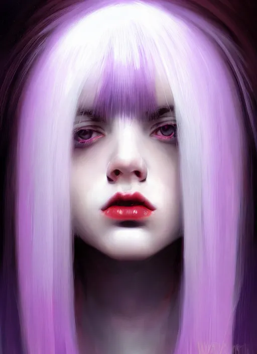 Image similar to hair whitebangs hair, black hair, blackbangswhitehair, portrait of teenage girl with white bangs, red irises, purple clothes, white bangs, bangs are different color from hair, intricate, elegant, glowing lights, highly detailed, digital painting, artstation, concept art, sharp focus, illustration, art by wlop, mars ravelo and greg rutkowski