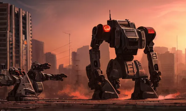 Image similar to Mech defending the city at sunset, photorealistic, hyperrealistic, digital illustrations, concept art, photoreal, mechwarrior, battletech, highly detailed, intricate, award-winning, dark, gritty, beautiful colors, hdr, rendered in Octane, rendered in Unreal engine, 4k, ultra hd