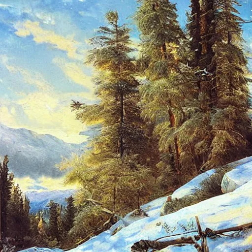 Prompt: huge gigantic cat in mountains, oil painting by Ivan Shishkin