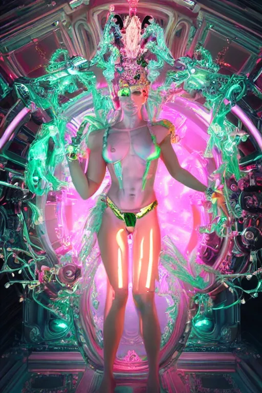 Prompt: full-body rococo and cyberpunk style crystal quartz sculpture of a young handsome seductive Cuban android gogo dancer reaching for the sky, glowing pink laser eyes, crown of white gears and diamonds, swirling green-colored silk fabric. futuristic elements. full-length view. intricate artwork by caravaggio. Trending on artstation, octane render, cinematic lighting from the right, hyper realism, octane render, 8k, depth of field, 3D
