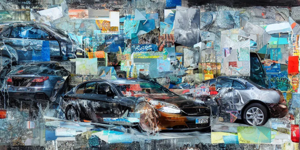 Image similar to car wash, collage paper and tape, acrylic on canvas and hyperrealism mixed with collage, high resolution, cinematic, unreal 6, breathtaking detailed, by peter bankov