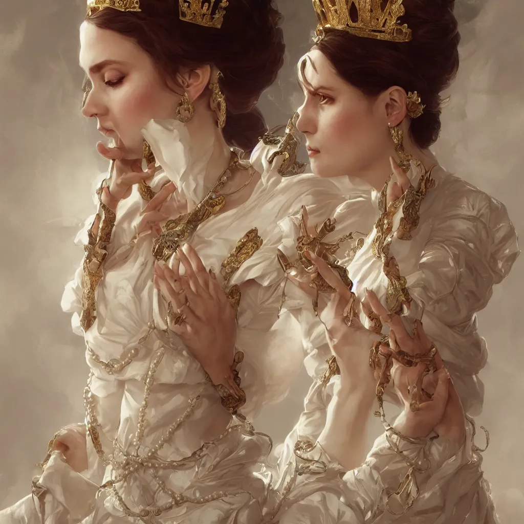 Image similar to a realistic queen with a cream and white decorated dress made of white pearls , highly detailed, digital painting, Trending on artstation , HD quality, by artgerm and greg rutkowski and alphonse mucha, dramatic light, octane