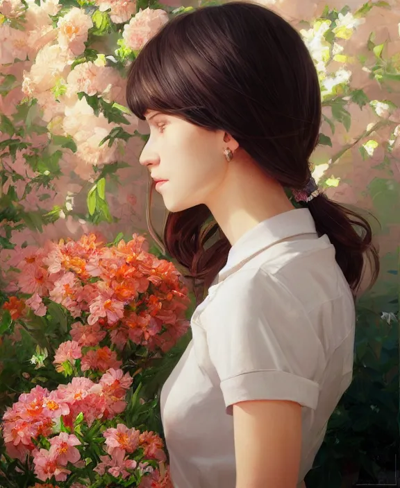 Prompt: an ultradetailed beautiful portrait painting of a girl as a floral shop keeper, side view, oil painting, high resolution, by ilya kuvshinov, greg rutkowski and makoto shinkai