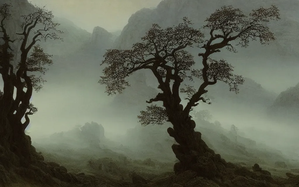 Image similar to valley of berchtesgarden, a gnarly old oak in a shroud of mist and ghosts, by caspar david friedrich