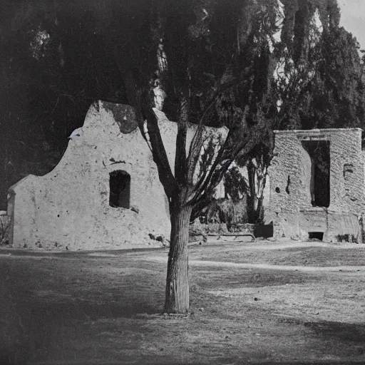 Prompt: a creepy vintage photo of a ruined california mission