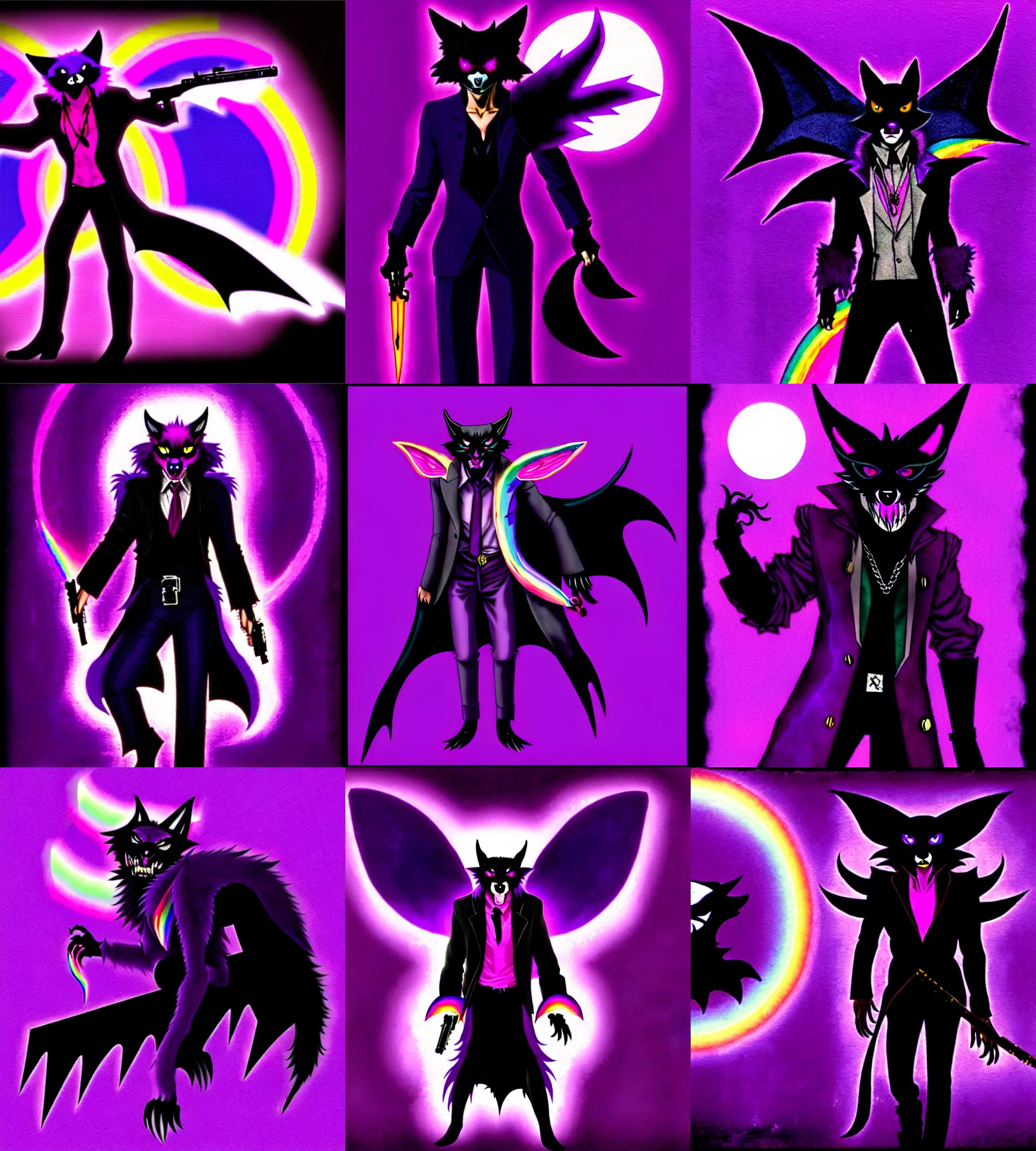 Prompt: a purple wolfbat fursona ( wearing an eyepatch ) with a long glowing rainbow tail, traversing the shadowy city, an affable devil among demons, neo - noir style, reminescent of max payne and ghost in the shell, style of purple rain album cover ( by prince ), dark colors