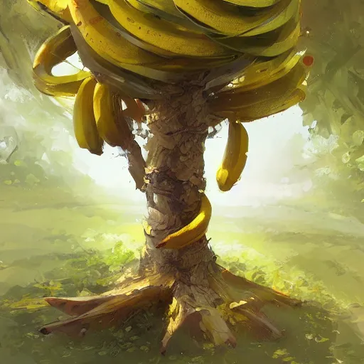 Image similar to tree that looks like banana, made by stanley artgerm lau, wlop, rossdraws, james jean, andrei riabovitchev, marc simonetti, yoshitaka amano, artstation, cgsociety