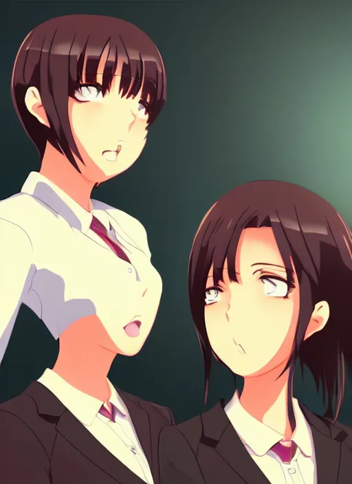 Prompt: two beautiful mothers face to face annoyed, office clothes, gorgeous faces, smooth, cinematic lighting, detailed anime art