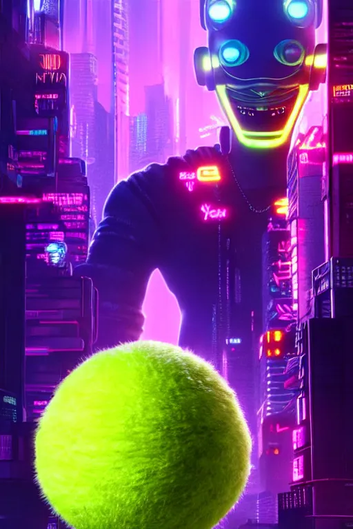 Image similar to high quality 3 d render cyberpunk very tennis ball monster highly detailed, unreal engine cinematic smooth, in the style of blade runner & detective pikachu, hannah yata charlie immer, purple light, low angle, uhd 8 k, sharp focus