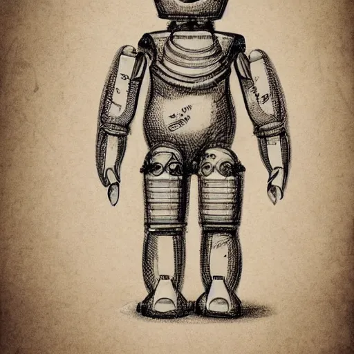 Image similar to technical drawing of ancient womanized!! humanoid robot, symmetrical, anatomically correct, old historical photo, ancient paper, photorealistic