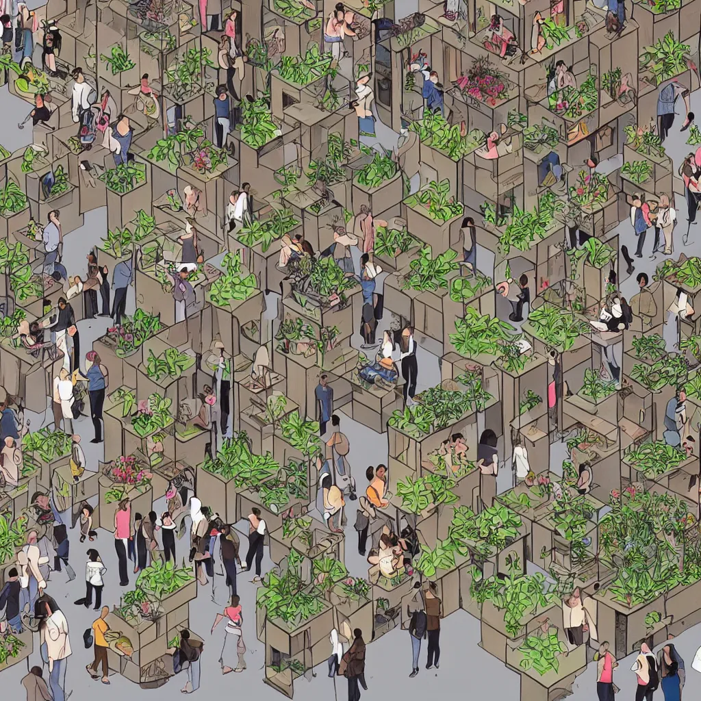 Prompt: detailed illustration of people observing a series of stacked cells filled with plants, books, sculptures, video monitors and grow lights inside the national gallery of canada