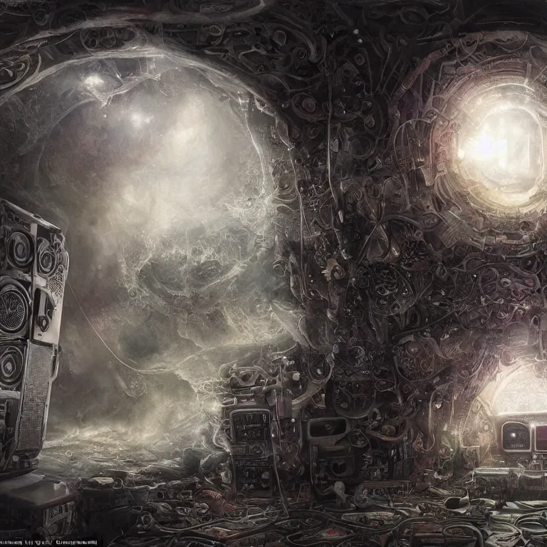 Image similar to the inside of a computer by mahmoud farshchian, mia brownell, very detailed, maximalism, ambient occlusion, volumetric light, atmospheric haze, hyper realism, realistic shading, cinematic composition, realistic render, photorealistic, wide shot