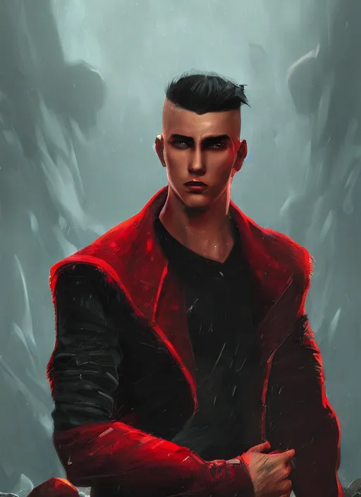 Image similar to An epic fantasy comic book style portrait painting of a young man with black undercut haircut, wearing red clothes, black overcoat, blue jeans. Unreal 5, DAZ, hyperrealistic, octane render, cosplay, RPG portrait, dynamic lighting