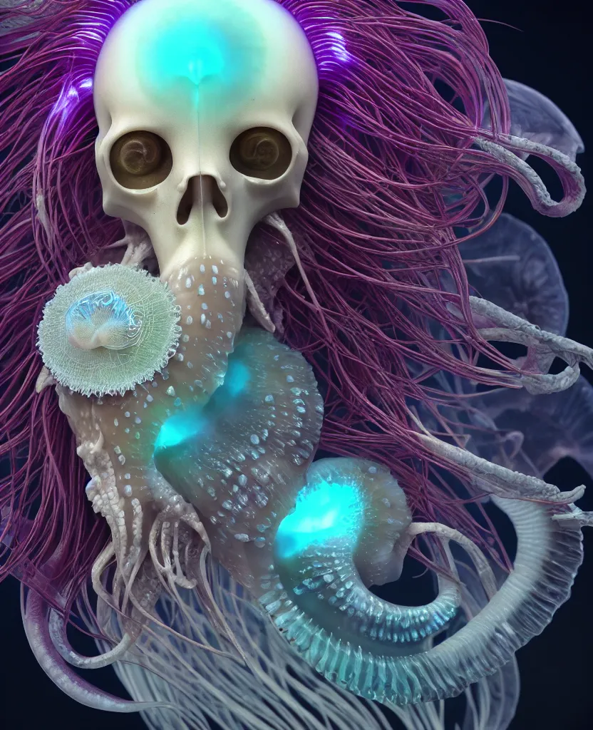 Image similar to goddess close-up portrait ram skull. jellyfish phoenix head, nautilus, orchid, skull, betta fish, bioluminiscent creatures, intricate artwork by Tooth Wu and wlop and beeple. octane render, trending on artstation, greg rutkowski very coherent symmetrical artwork. cinematic, hyper realism, high detail, octane render, 8k