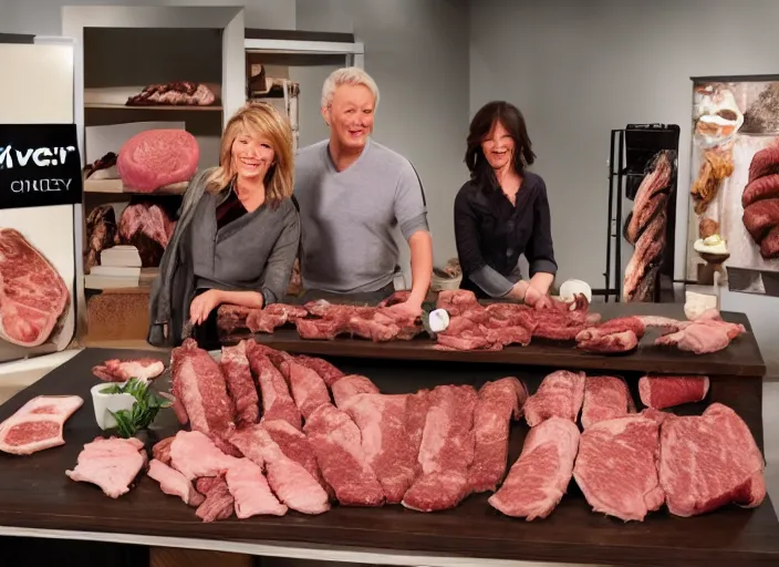 Prompt: qvc tv show product showcase pile of nasty meat men flesh, studio lighting, limited time offer, graphics $ 9 9 call now