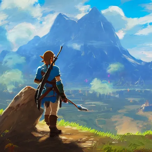 Image similar to oil painting breath of the wild landscape, mountain in the background. beautiful, rpg, dnd, artstation, artgerm, disney, pixar