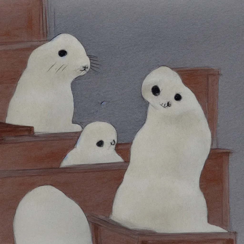 Image similar to one baby harp seal in an orange jumpsuit, sitting at the witness stand, courtroom sketch