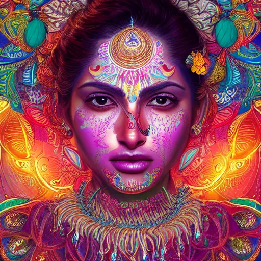 Prompt: the face of a ridiculously beautiful and pretty indian woman partially made of onion rings of all colors looking down, an ultrafine detailed illustration by james jean, final fantasy, intricate linework, bright colors, behance contest winner, vanitas, angular, altermodern, unreal engine 5 highly rendered, global illumination, radiant light, detailed and intricate environment