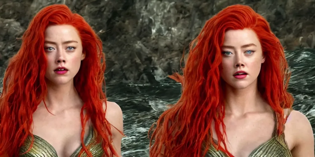 Image similar to red hair mera from aquaman played by amber heard poops on a bed, motion blur, real life, spotted, leaked, ultra realistic face, accurate, 4 k, movie still, uhd, sharp, detailed, cinematic, render, modern