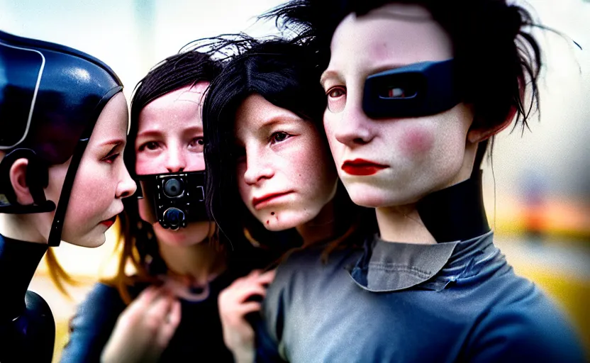 Prompt: cinestill 5 0 d photographic portrait by helen levitt of affection between two loving female cyborgs wearing black techwear in a retrofuturist garden, extreme closeup, modern cyberpunk, dust storm, 8 k, hd, high resolution, 3 5 mm, f / 3 2, ultra realistic faces, intricate detail, ex machina