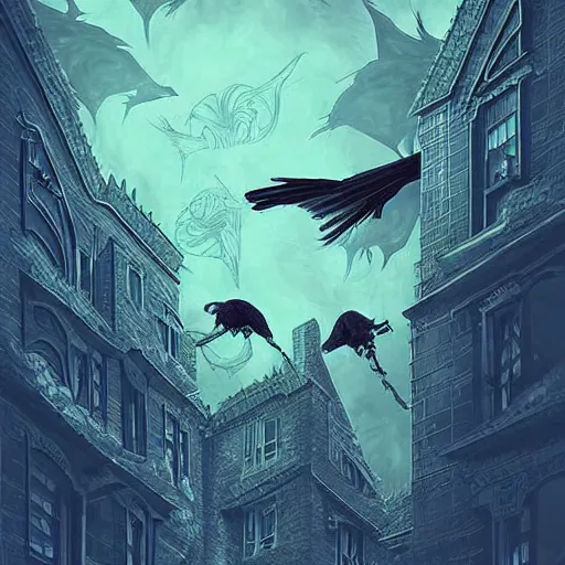 Image similar to crows at a architectural complex with an occult witch by Android Jones and M. C. Escher collaboration, futurist, digital art, dramatic lighting, symbolic