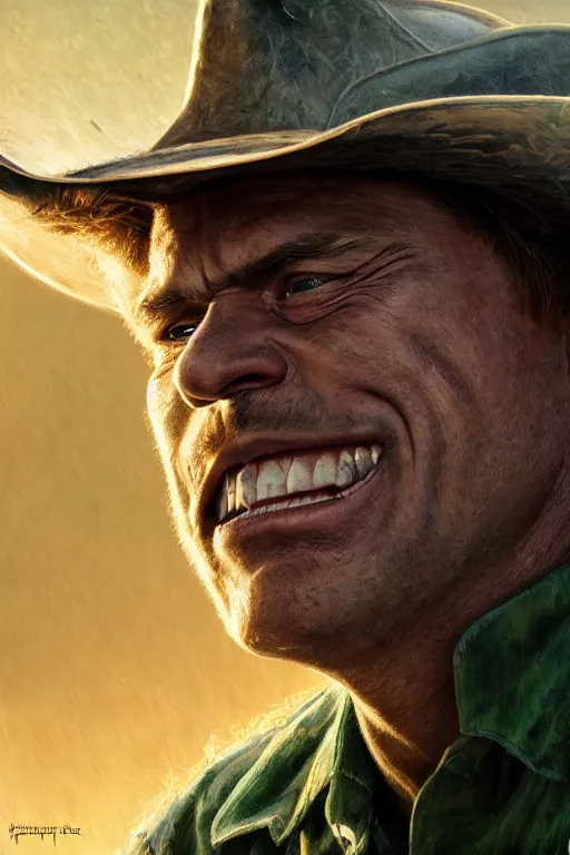 Prompt: !dream hulk wearing a cowboy hat, oil on canvas, intricate, portrait, 8k highly professionally detailed, HDR, CGsociety