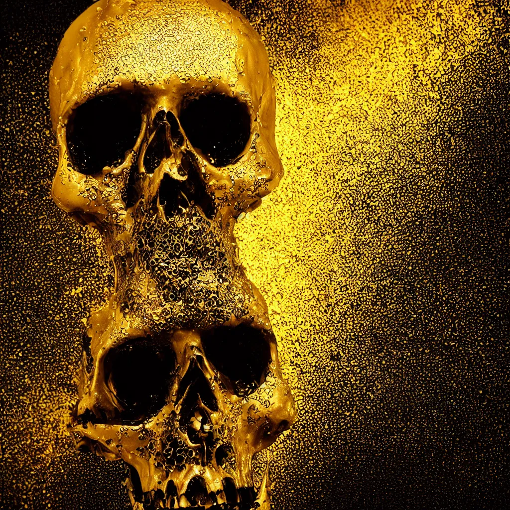 Image similar to black skull covered in thick dripping golden honey, white backdrop, professional studio product photography, HD render, octane render, VRAY, 8K, 4K