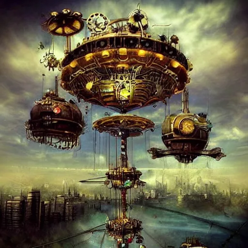 Image similar to flying city in a mechanical flower flower, sky, steampunk!!!, fantasy art, steampunk, masterpiece