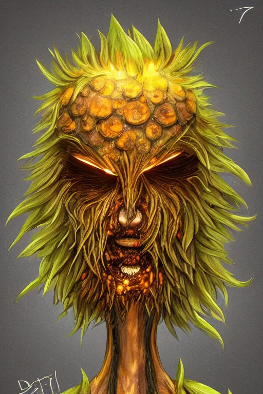 Image similar to a humanoid figure dandelion plant monster, amber eyes, highly detailed, digital art, sharp focus, ambient glow, trending on art station, anime art style