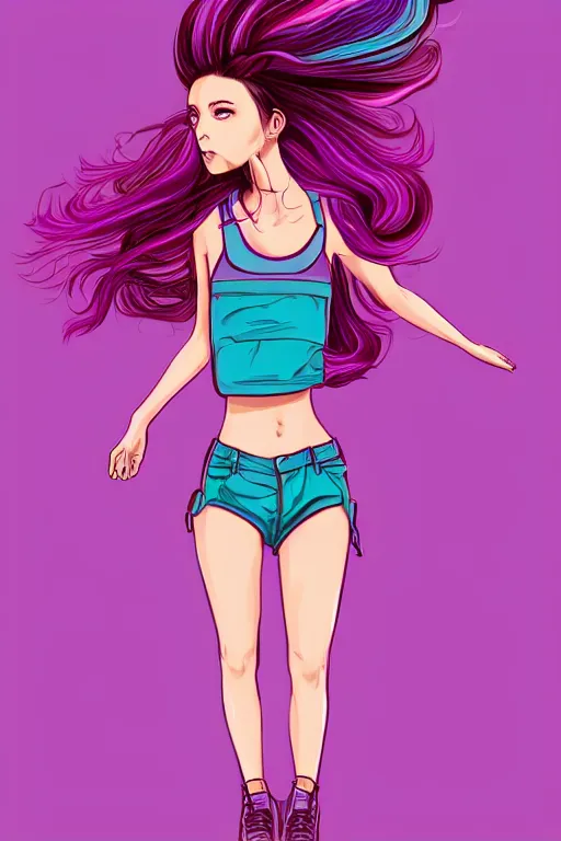 Prompt: a award winning half body portrait of a beautiful woman in a croptop and cargo pants with ombre purple pink teal hairstyle with head in motion and hair flying by wlop, outrun, vaporware, shaded flat illustration, digital art, trending on artstation, highly detailed, fine detail, intricate