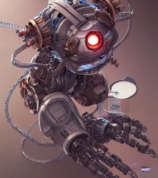 Image similar to a robotic cat, wires and gears. The cat is a robot. By Makoto Shinkai, Stanley Artgerm Lau, WLOP, Rossdraws, James Jean, Andrei Riabovitchev, Marc Simonetti, krenz cushart, Sakimichan, trending on ArtStation, digital art.