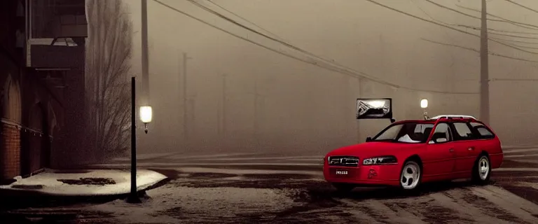 Image similar to Audi A4 B6 Avant (2002), a gritty neo-noir, dramatic lighting, cinematic, eerie person, death, homicide, homicide in the snow, gunshots, establishing shot, extremely high detail, photorealistic, red mist, red fog, chaos, arson, burning city, cinematic lighting, artstation, by simon stalenhag, Max Payne (PC) (2001) winter New York at night, In the style of Max Payne 1 graphic novel, flashing lights, Poets of the Fall - Late Goodbye