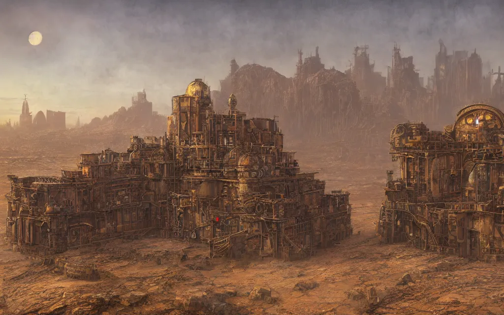 Image similar to a steampunk fortress in a desert by John Atkinson Grimshaw and Lee Madgwick and Artyom Vlaskin, 4k resolution, detailed, trending on artstation