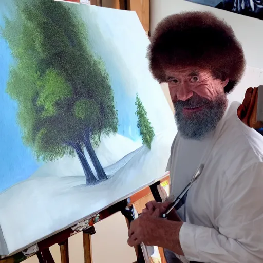 Image similar to a closeup photorealistic photograph of bob ross working on a canvas painting of darth vader. film still. brightly lit scene. mountains and trees. this 4 k hd image is trending on artstation, featured on behance, well - rendered, extra crisp, features intricate detail, epic composition and the style of unreal engine.