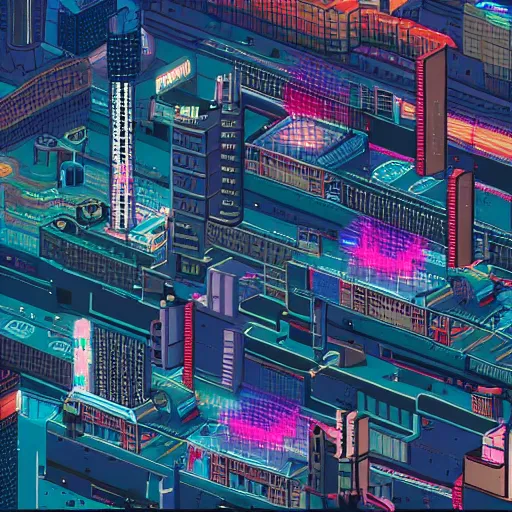 Prompt: cyberpunk city, aerial view, pixel art