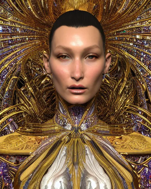 Prompt: a highly detailed metahuman 4 k close up render of an alien goddess bella hadid monument shilabalika in iris van herpen dress schiaparelli in diamonds crystals swarovski and jewelry iridescent in style of alphonse mucha gustav klimt trending on artstation made in unreal engine 4