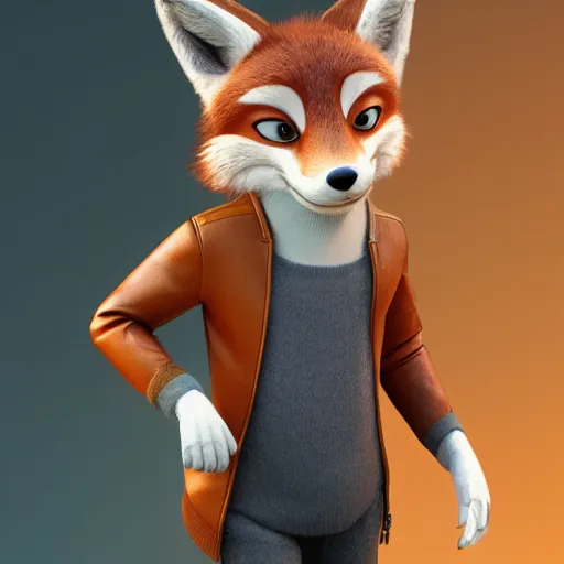 Image similar to 3 d render, anthropomorphic fox, male, in a brown leather maxi jacket, in the style of zootopia