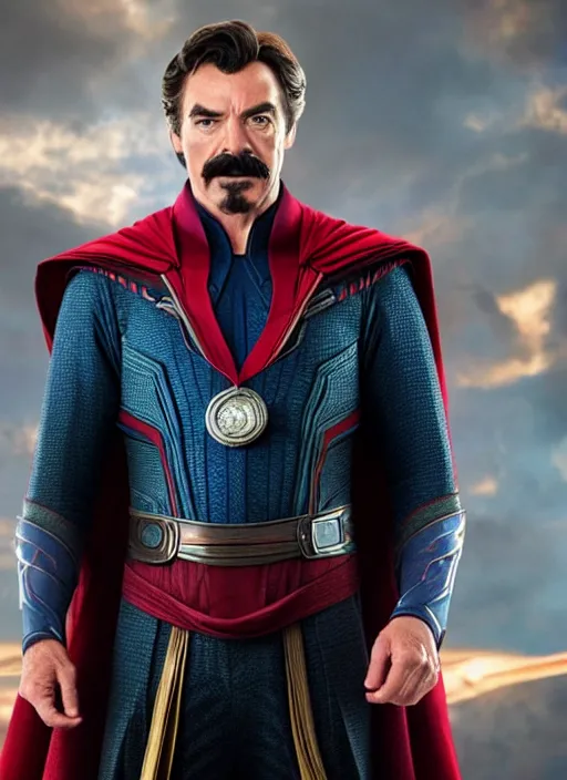 Prompt: film still of tom selleck as doctor strange in avengers endgame, 4 k