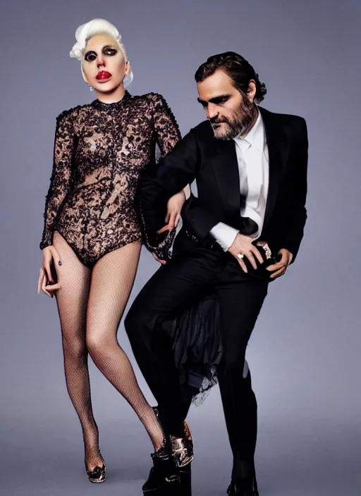 Image similar to lady gaga and joaquin phoenix styled by nick knight posing, full body shot, set pieces, intricate set, vogue magazine, canon, highly realistic. high resolution. highly detailed. dramatic. 8 k. 4 k.